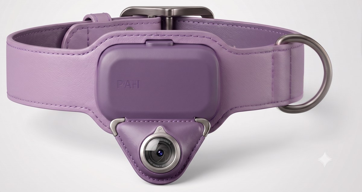 PAHI smart pet collar by Animalystix, showing the main hub, triangular Pet's Eye camera module, and titanium-reinforced leather strap